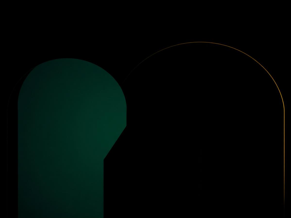 Abstract arches in deep green and gold representing brands entering India
